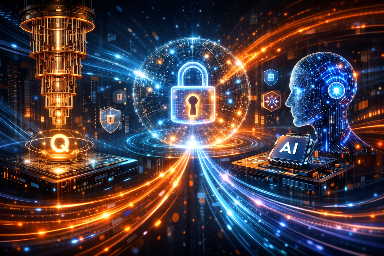 A glowing lock between quantum computing and AI elements symbolizing cybersecurity