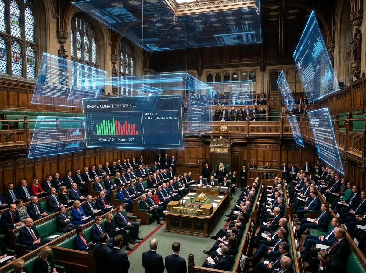 Parliamentary debate on climate change bill with virtual holographic data displays showing vote counts and statistics