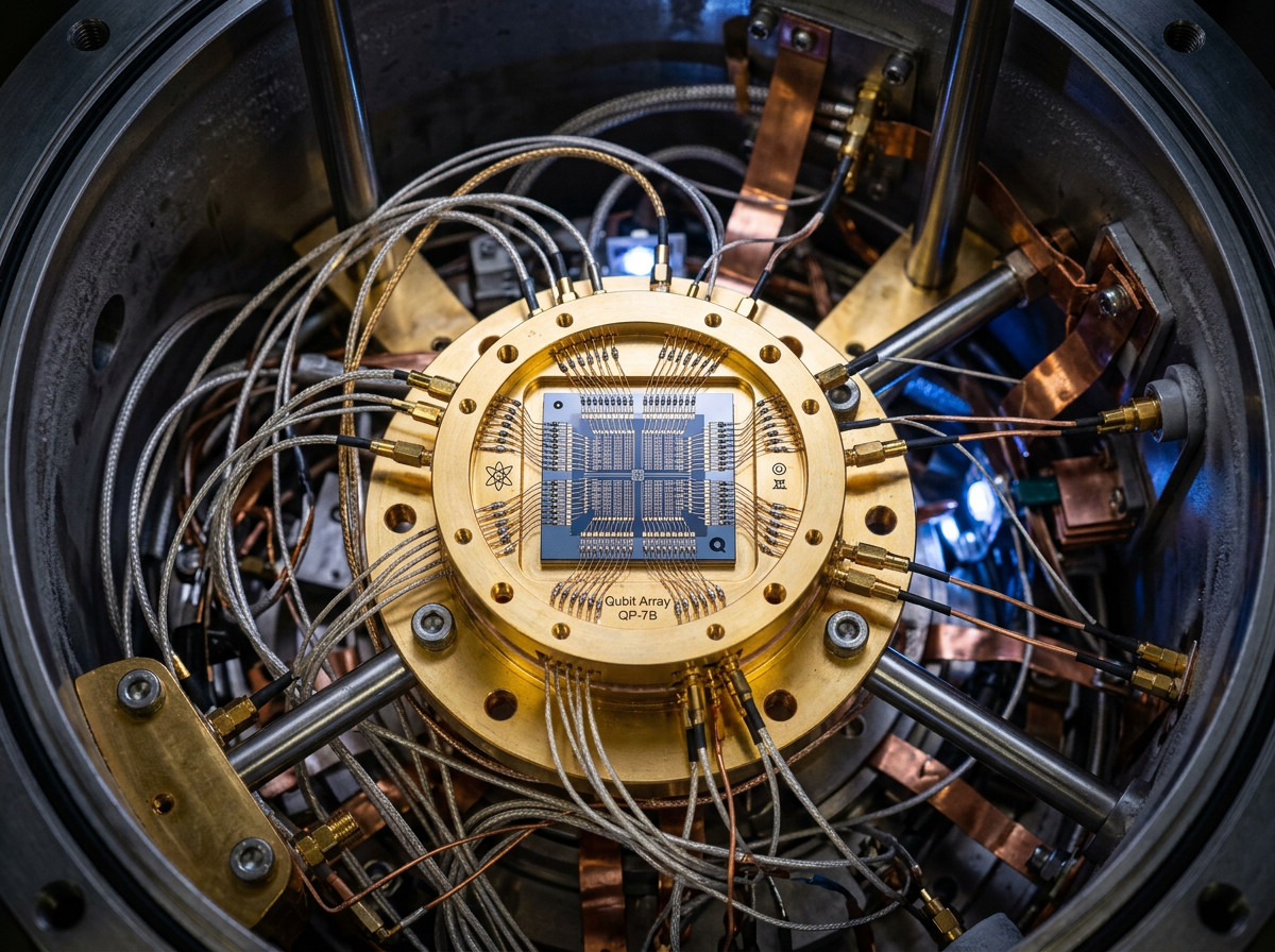 Quantum computer qubit array labeled QP-7B with numerous connecting wires and cables inside a metal enclosure