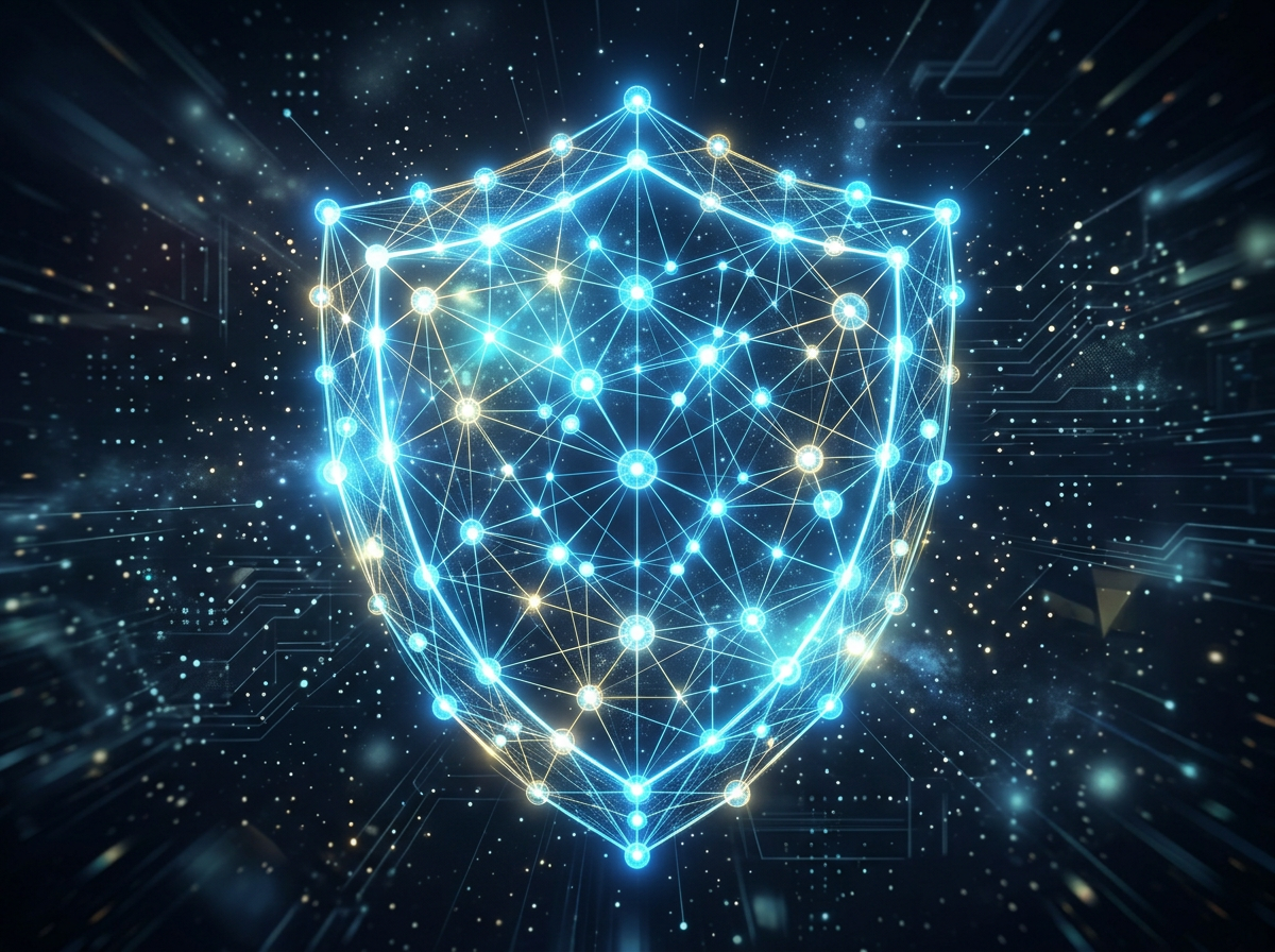 Digital shield made of glowing interconnected nodes symbolizing cybersecurity