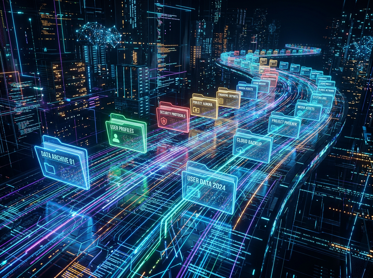 Labeled digital folders representing various data types flowing through a virtual network