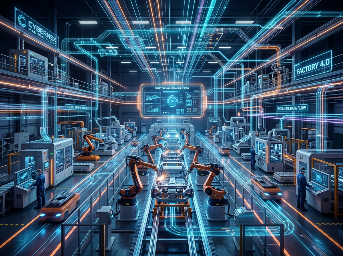 Automated robotic arms assembling car frames inside a smart factory with digital data overlays and operators monitoring systems