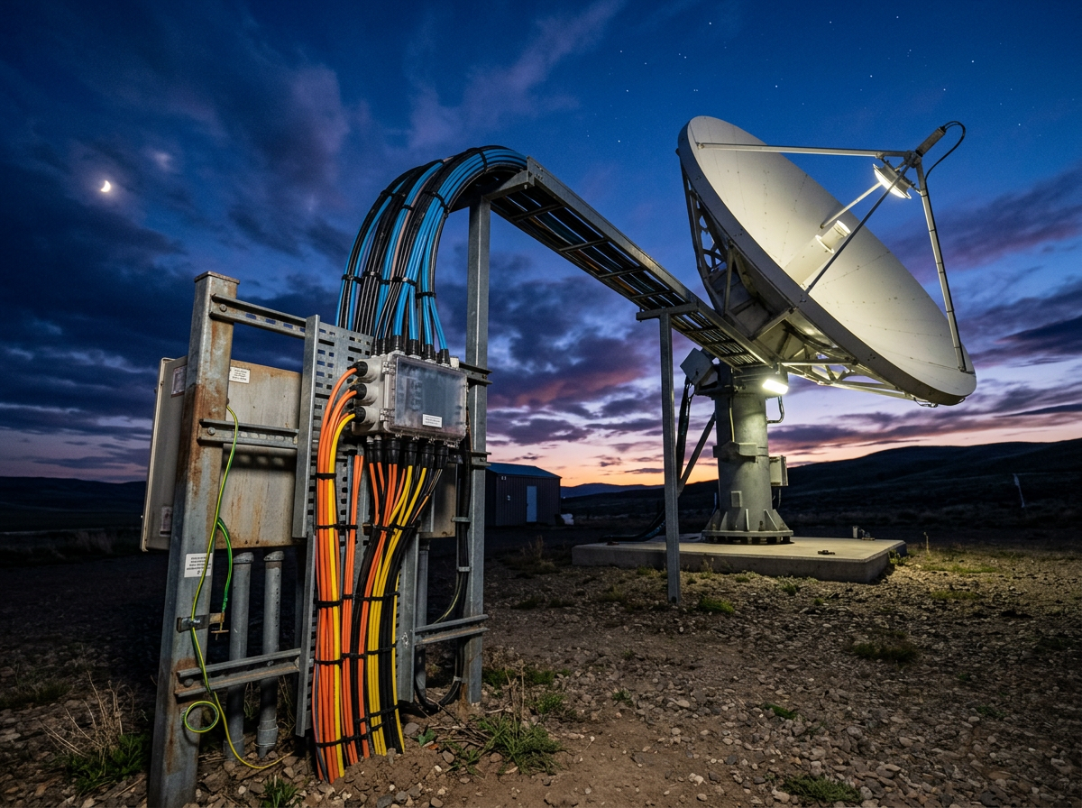 Satellite communication dish with orange and blue cables at dusk.