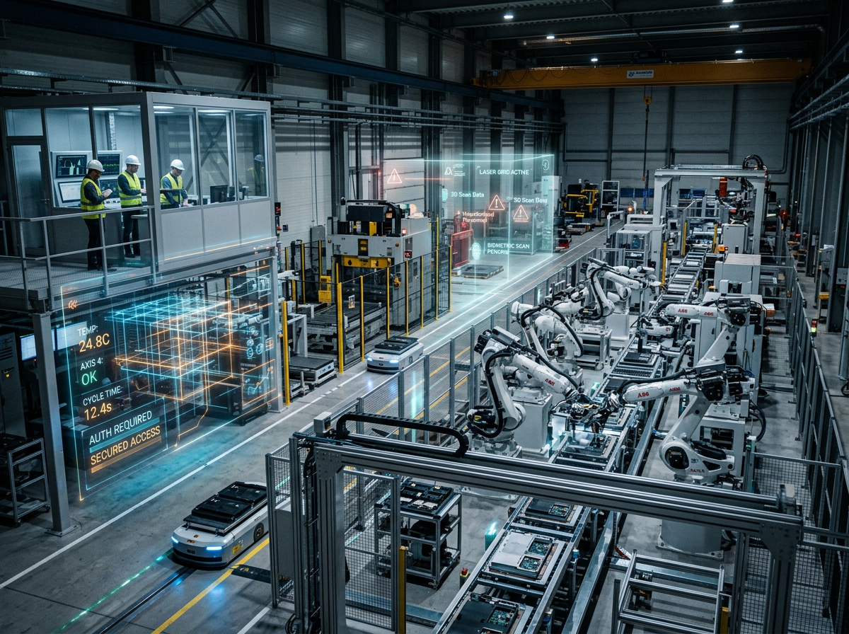 Automated factory floor with robotic arms, autonomous vehicles, and augmented reality data displays