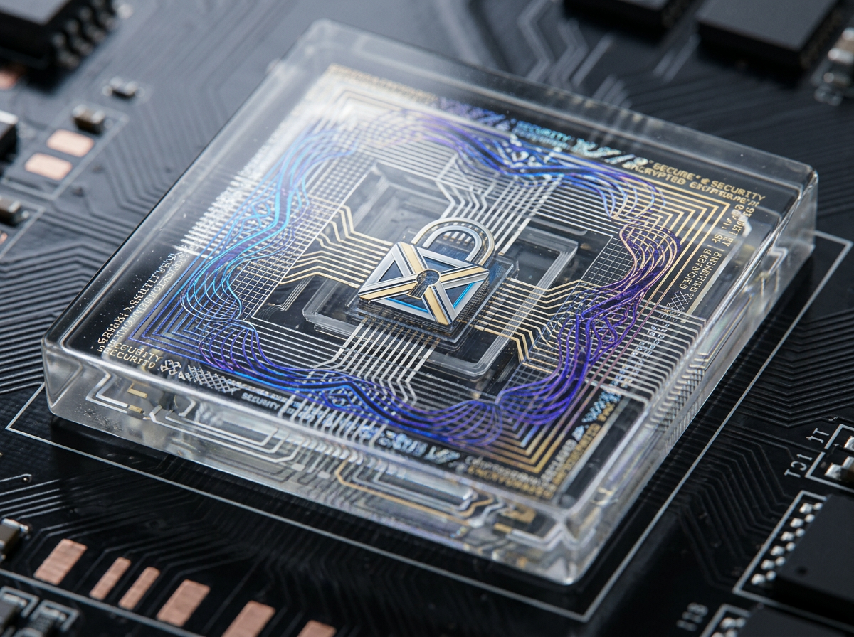 Microchip with lock icon symbolizing encryption and data security