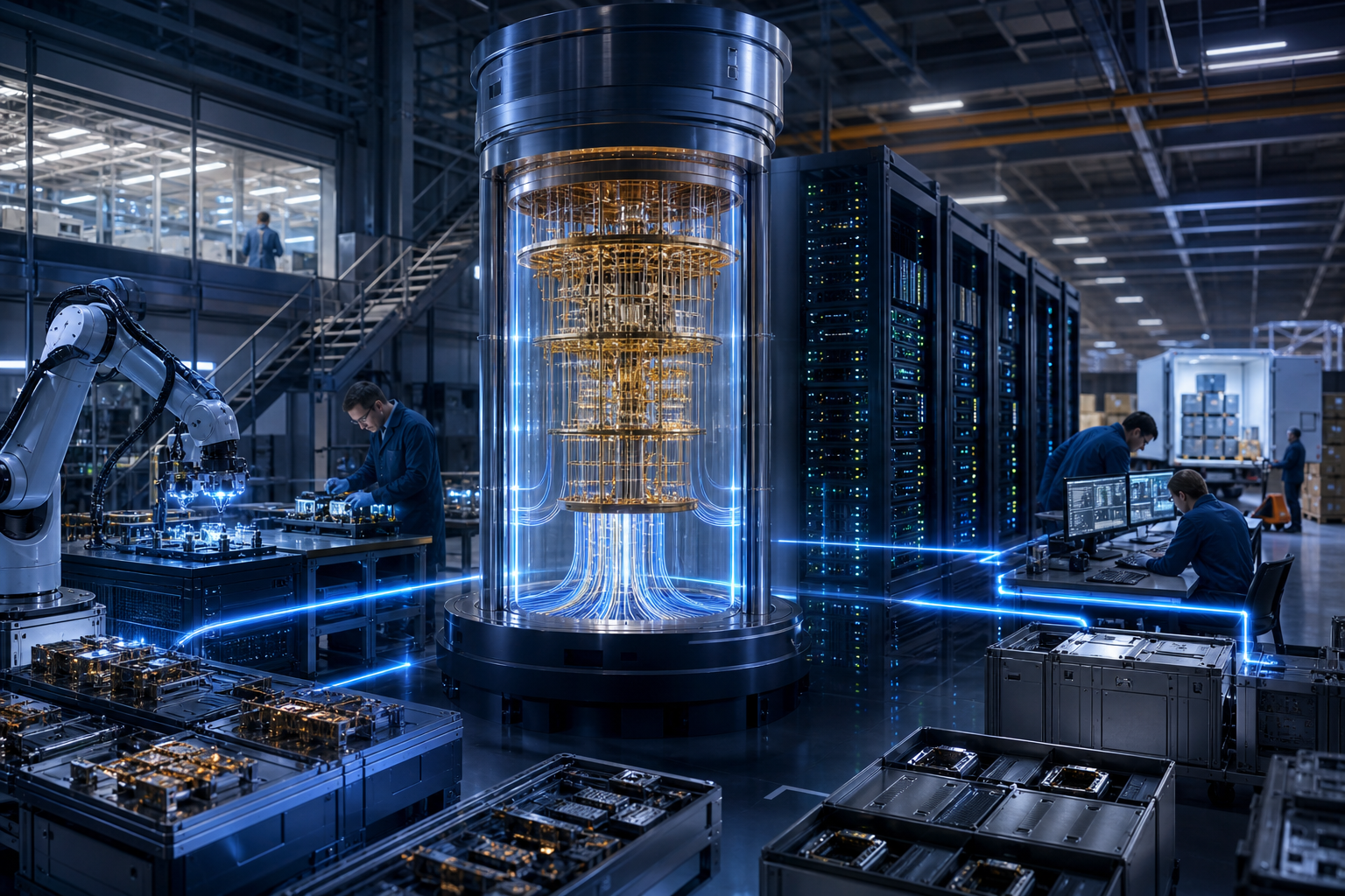 Advanced technology laboratory with a cylindrical quantum computer, robotic arm, server racks, and engineers working at computer stations