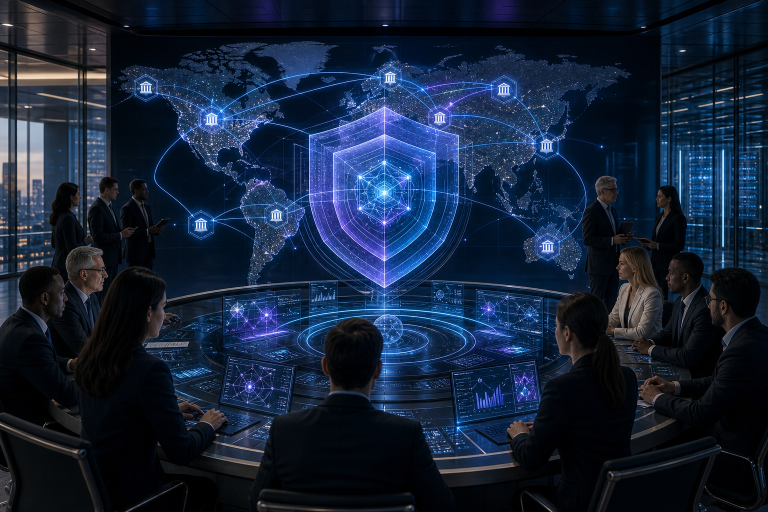 Business team monitoring a global cybersecurity network displayed on a large digital world map