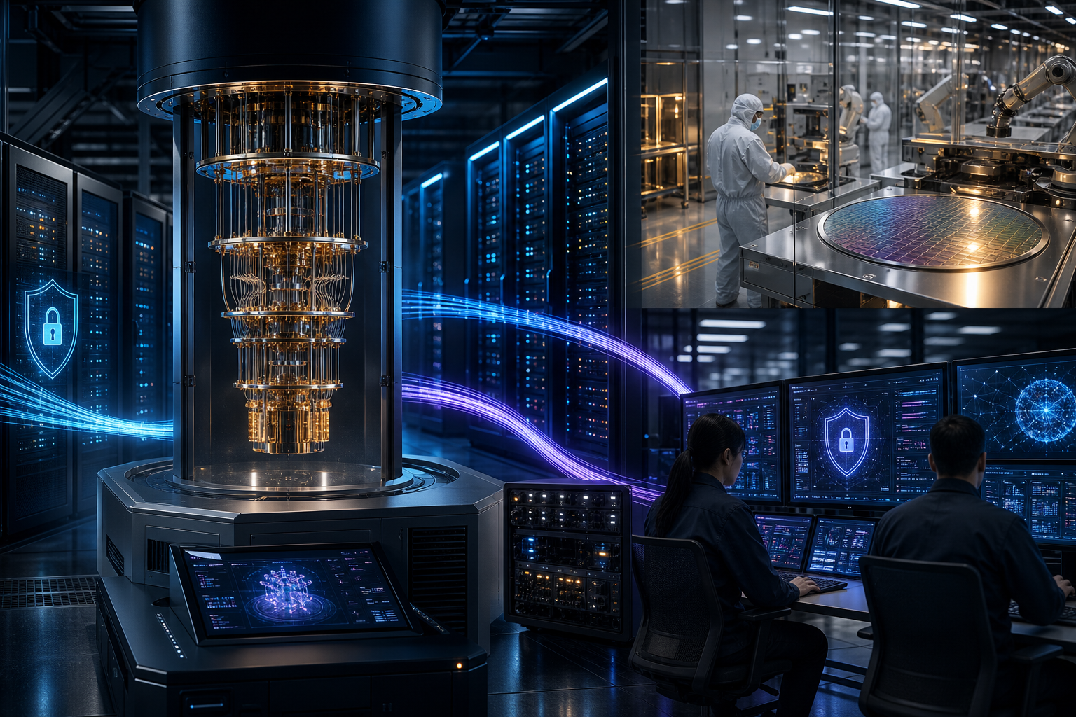 Conceptual scene of a quantum computer in a secure data center, with cleanroom fabrication and cybersecurity monitoring