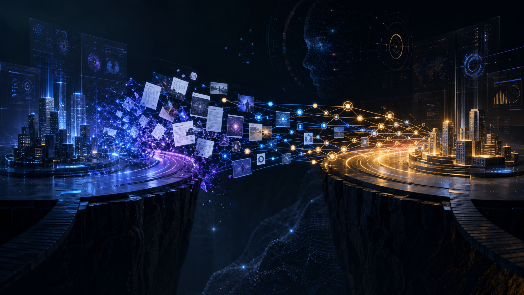 Futuristic illustration of two glowing city networks connected by data nodes, documents, and digital imagery