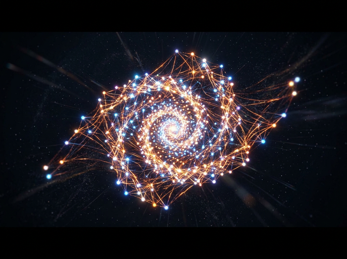 Spiral network of interconnected glowing blue and orange nodes against a dark background
