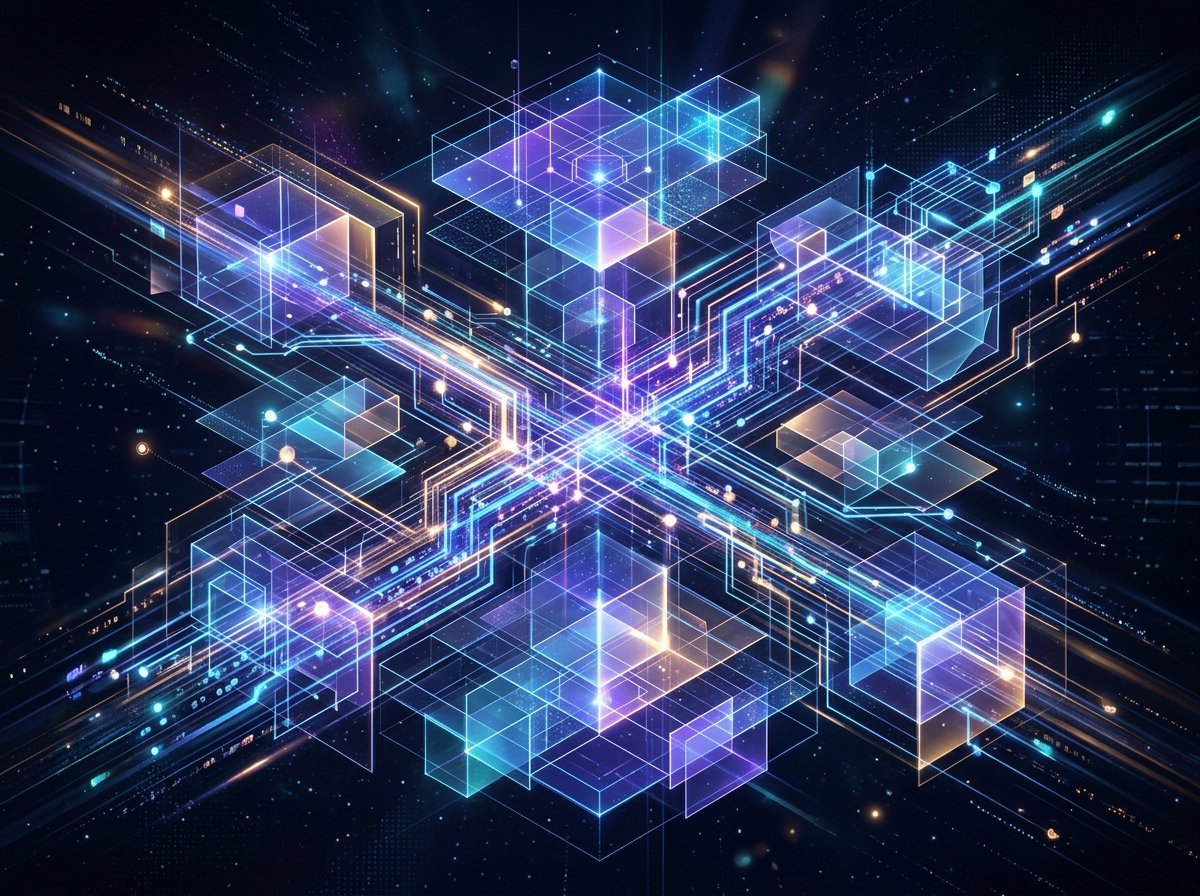 Glowing geometric cubes and circuit-like lines forming a connected digital network