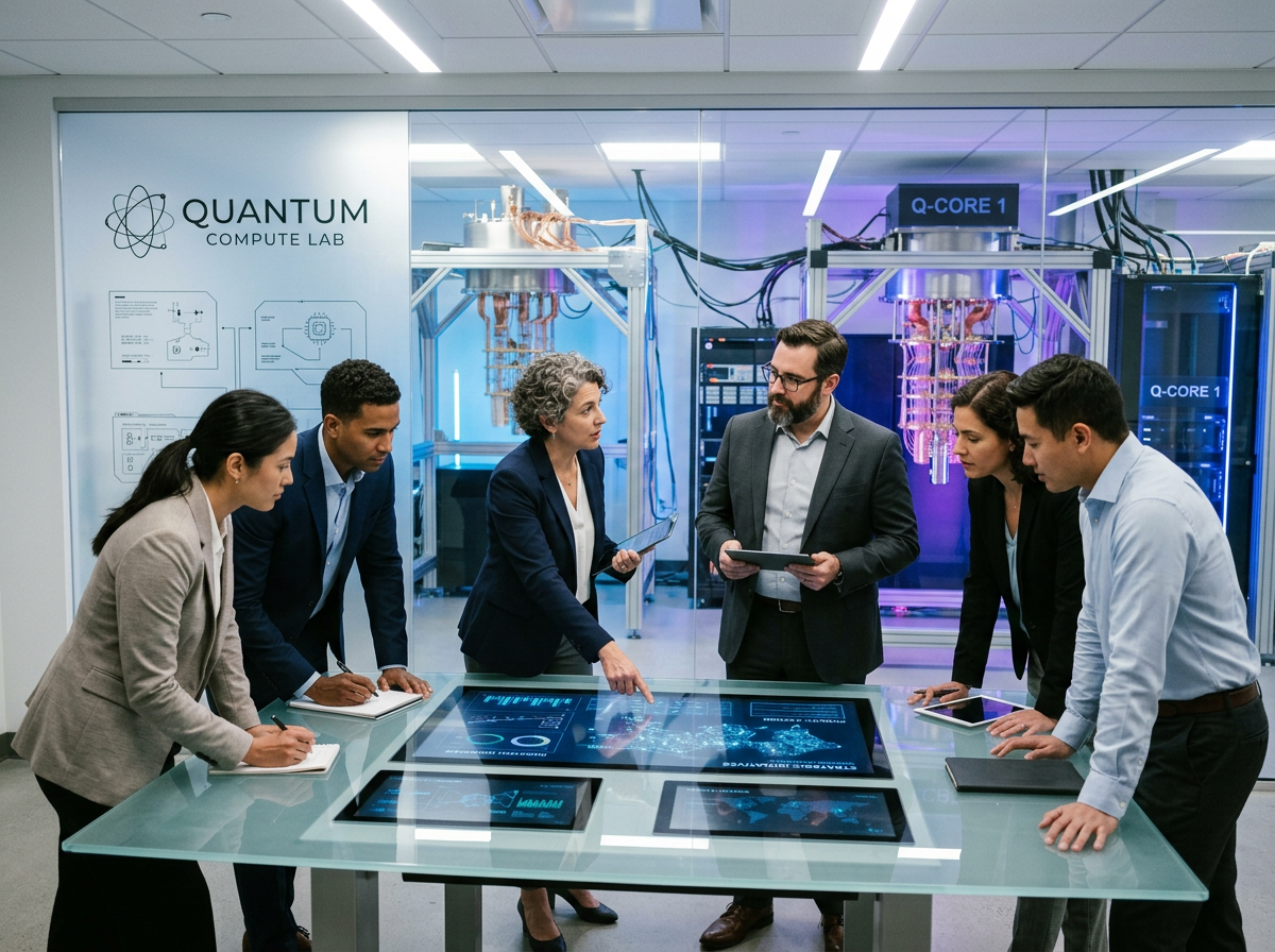 Six researchers reviewing data at an interactive table in a quantum computing lab