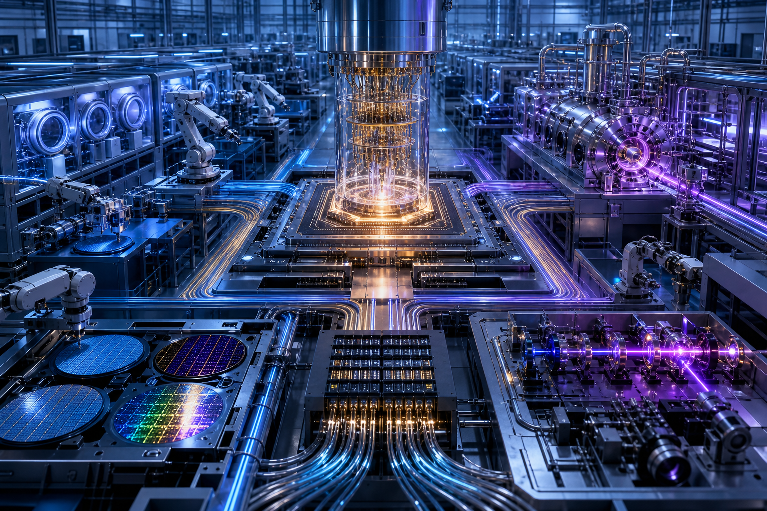 Automated semiconductor fabrication facility with robotic arms, circuit wafers, and a glowing central processing chamber
