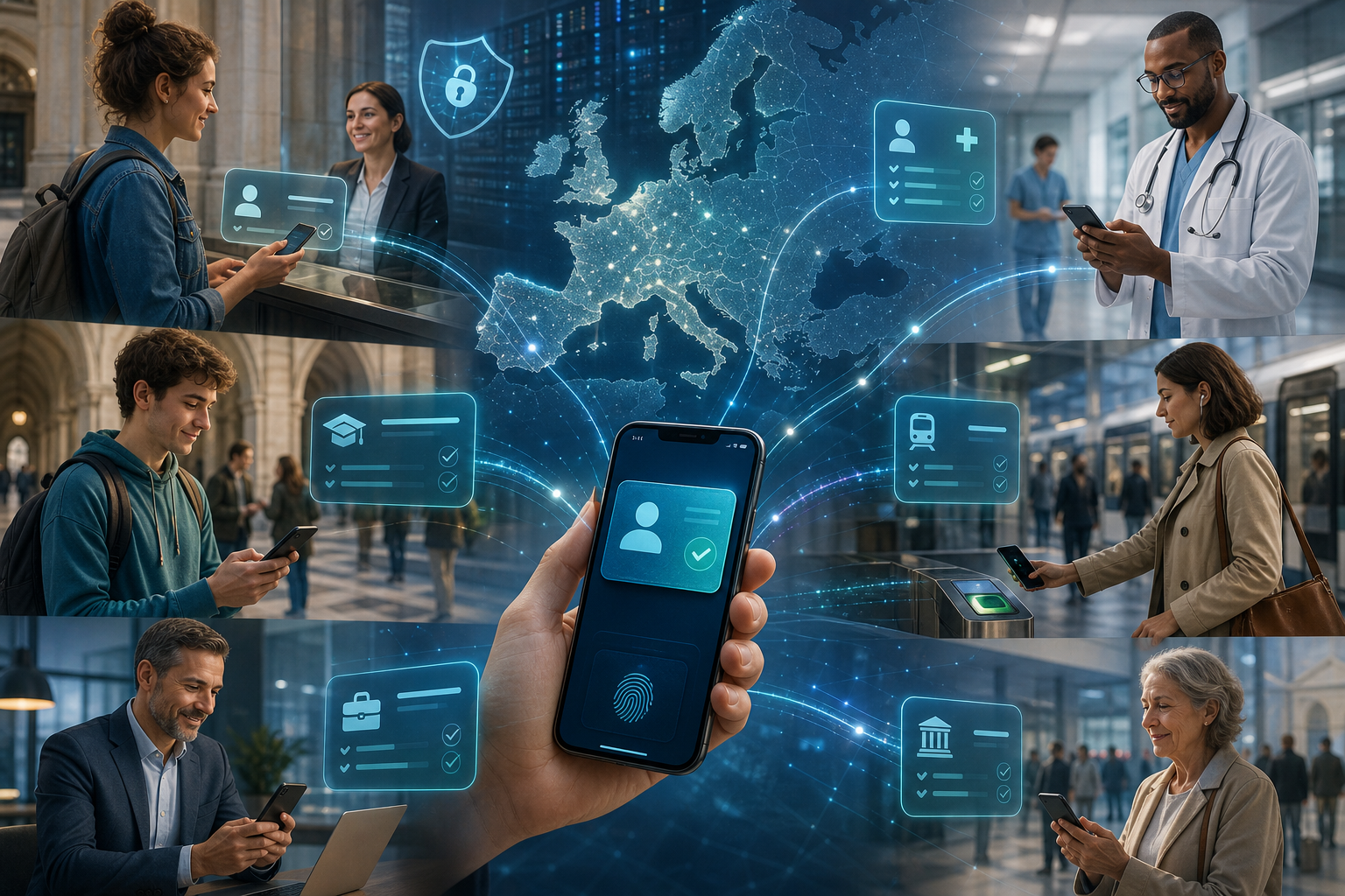 Collage depicting a secure digital identity platform connecting travelers, a doctor, a student, and institutions across Europe