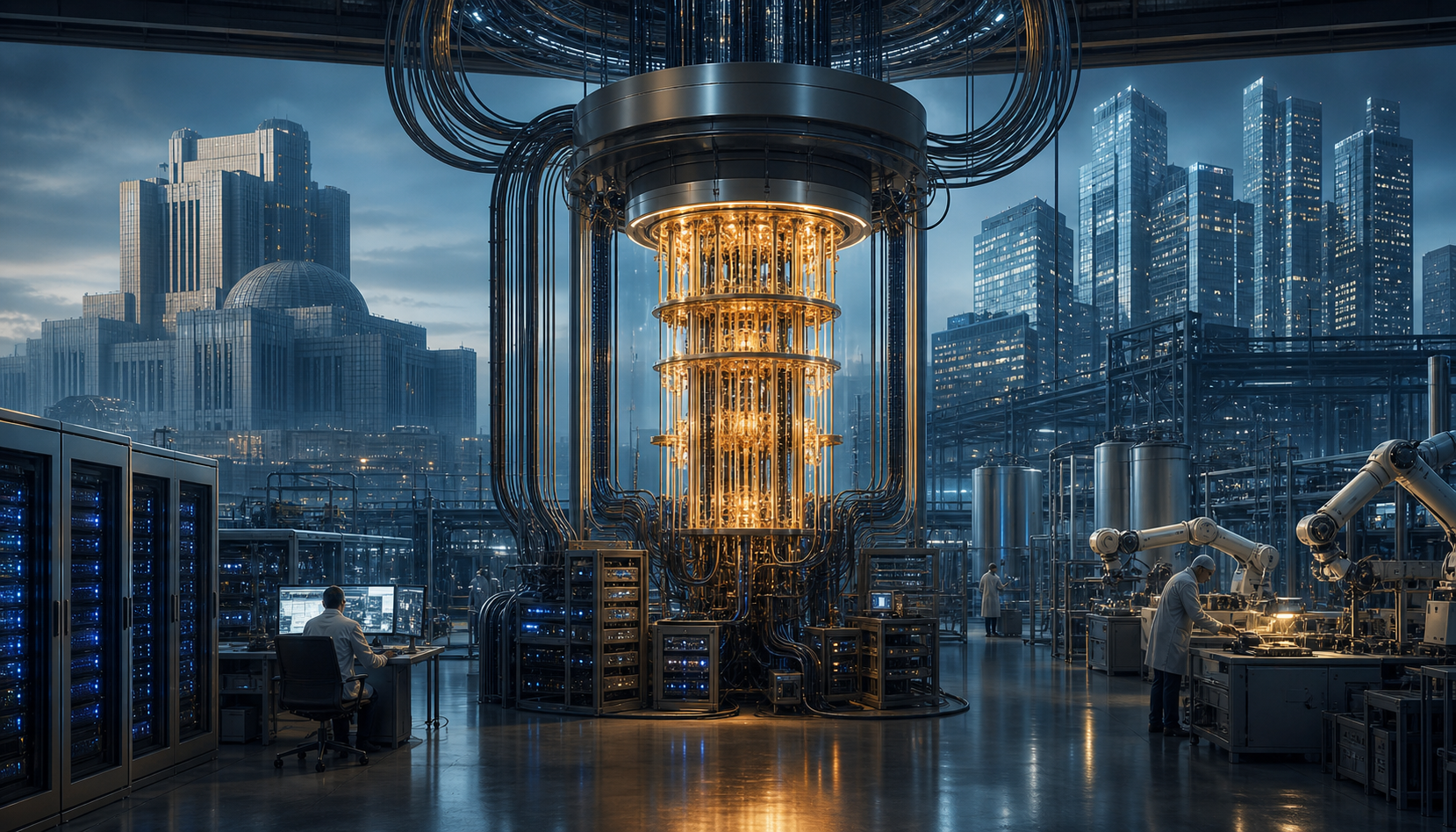 Futuristic data center with a glowing quantum computer, server racks, robotic arms, workers, and a city skyline