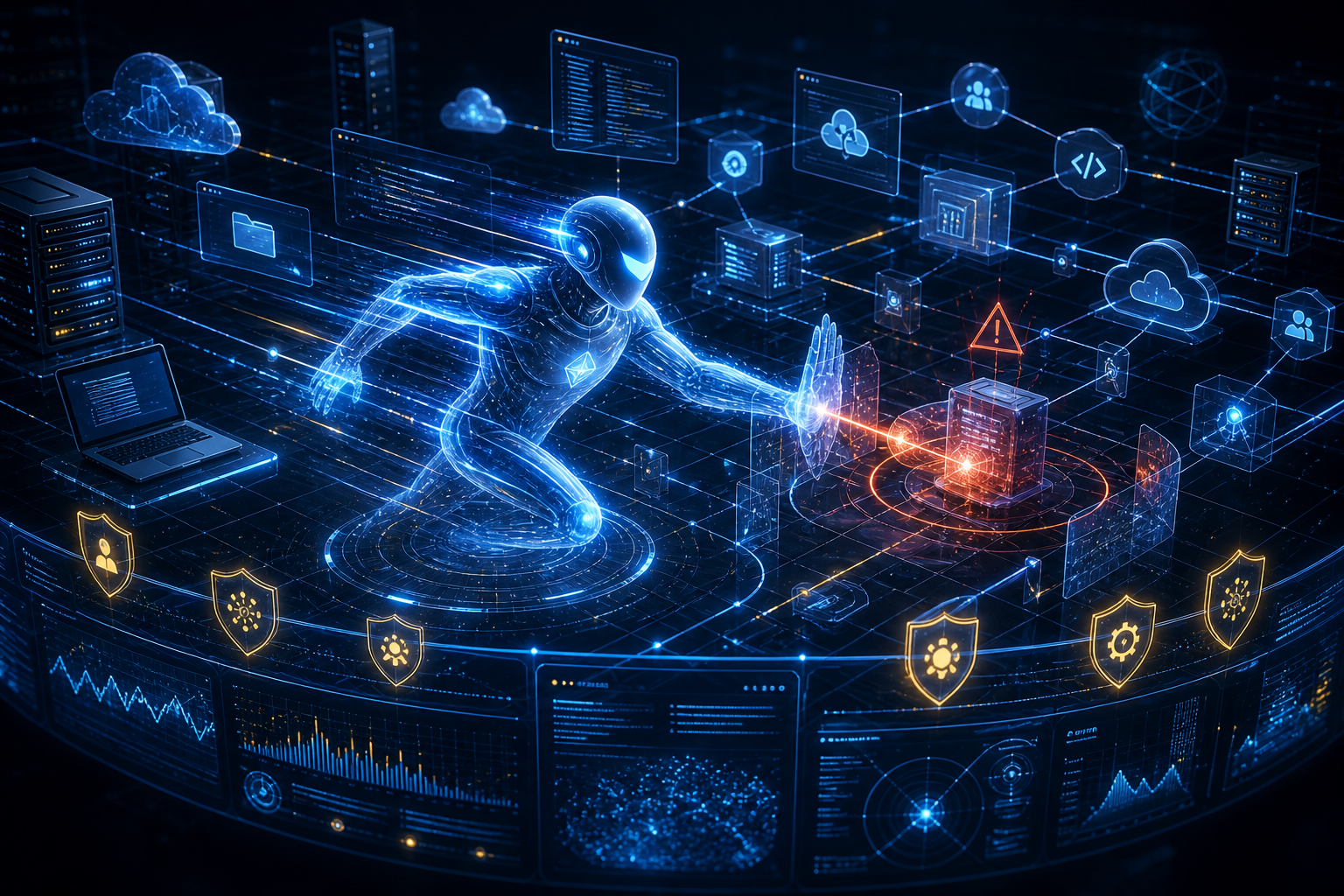 Futuristic humanoid robot monitoring a connected cloud computing and cybersecurity network with servers, code, and security alerts