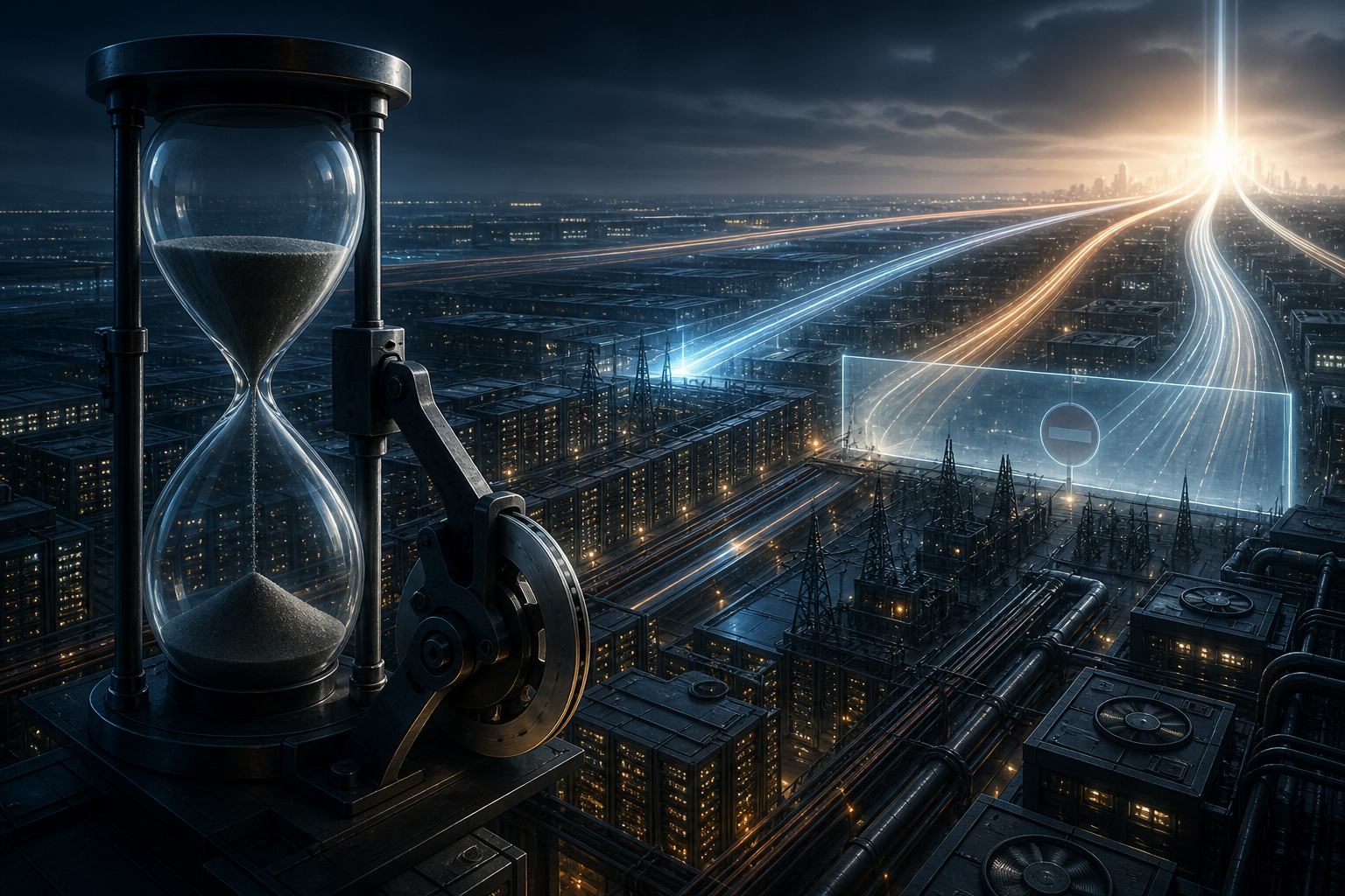 Hourglass overlooking a futuristic industrial city, with glowing pathways converging toward a distant skyline