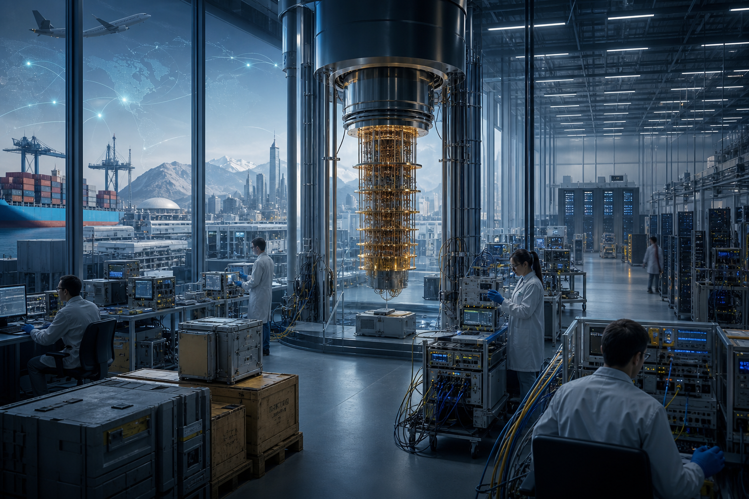 Technicians work around a large suspended computing apparatus in a high-tech laboratory overlooking a port and city