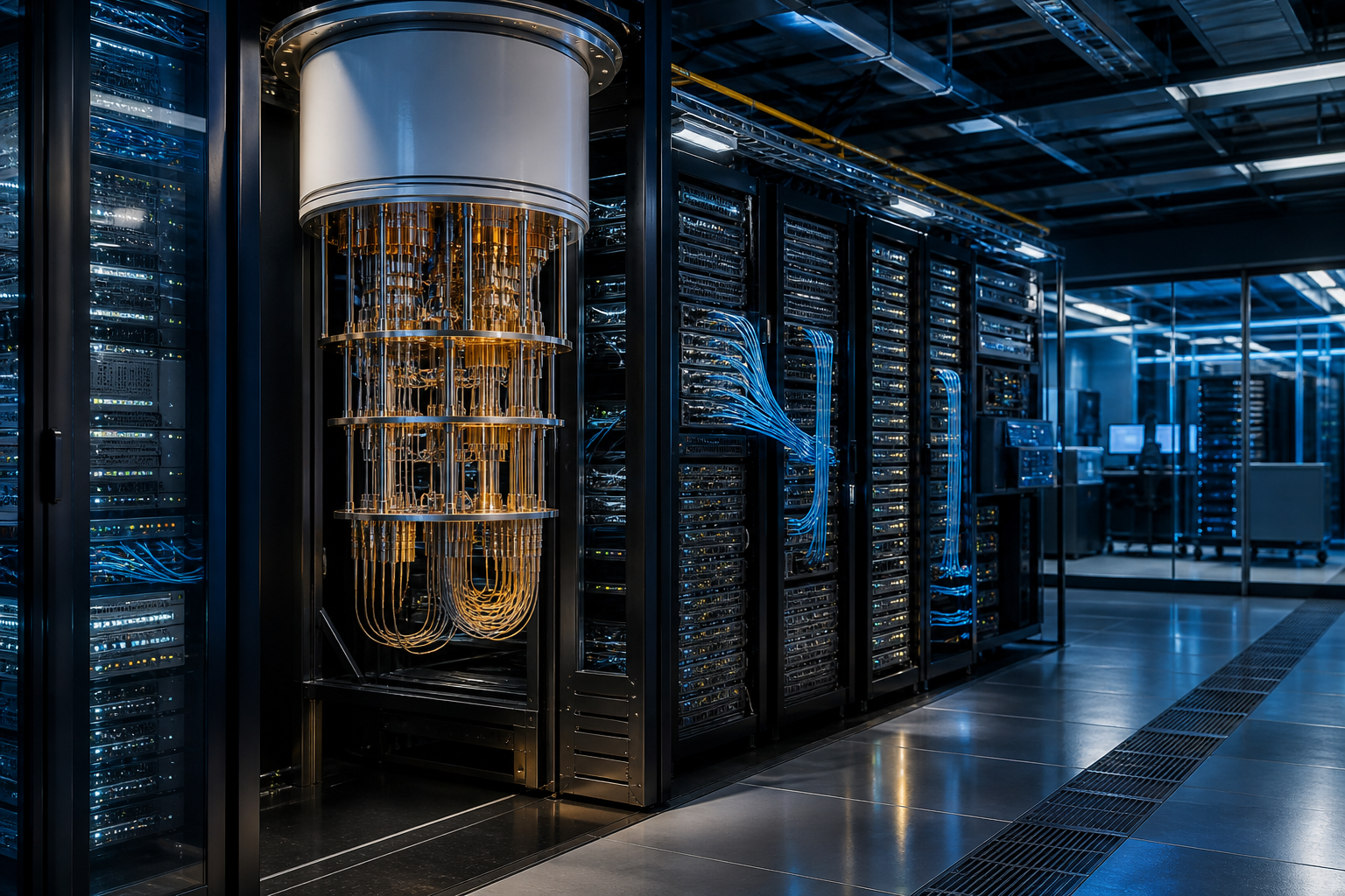 Data center server racks surrounding a large cylindrical quantum computing system with gold-colored wiring