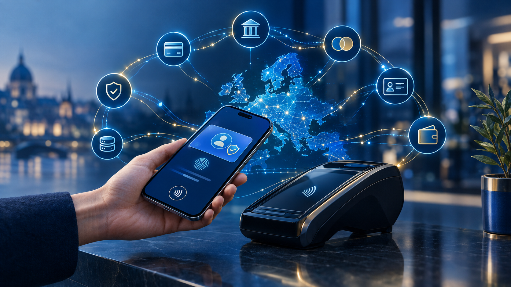 Hand holding a smartphone near a contactless payment terminal, with digital security and European payment network graphics in the background